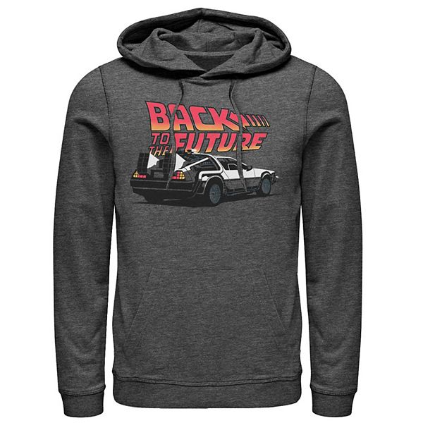 Men s Back to The Future Delorean Cartoon Pull Over Hoodie Charcoal Heather 2x Large