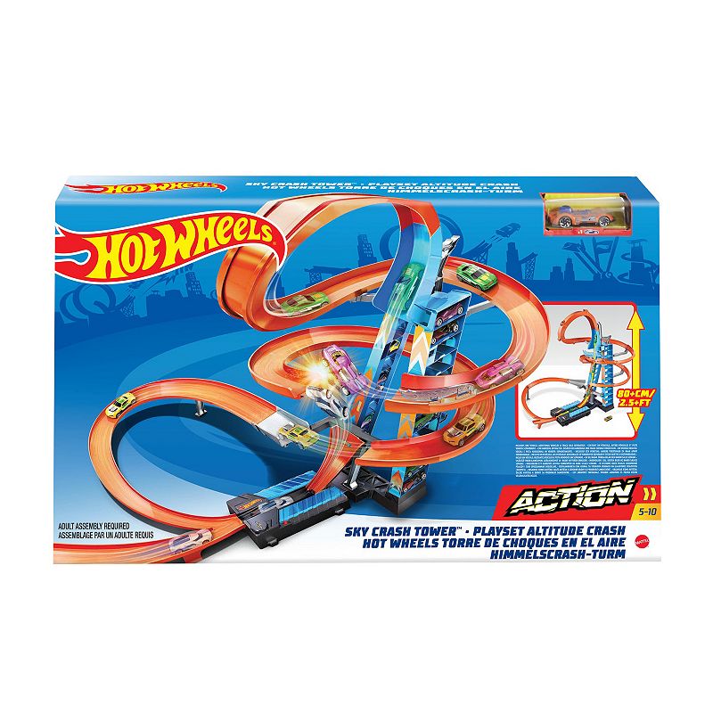 Hot Wheels Sky Crash Tower Motorized Track Set with Car  Stores 20+ 1:64 Scale Cars