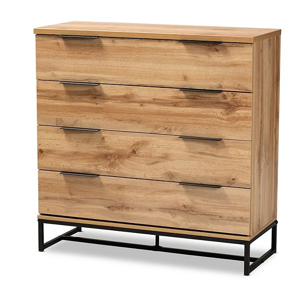 Reid Wood and Metal 4 Drawer Dresser Oak/Black - Baxton Studio: Contemporary Bedroom Storage, Minimalist Design