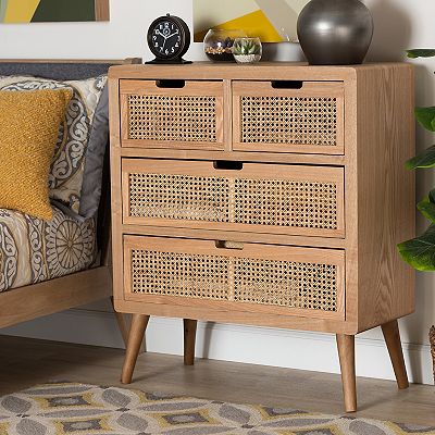 Baxton Studio Alina Mid Century Modern Medium Oak Finished Wood and Rattan 4 Drawer Accent Storage Cabinet