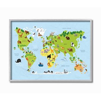 Stupell Home Decor World Map Cartoon Framed Wall Art