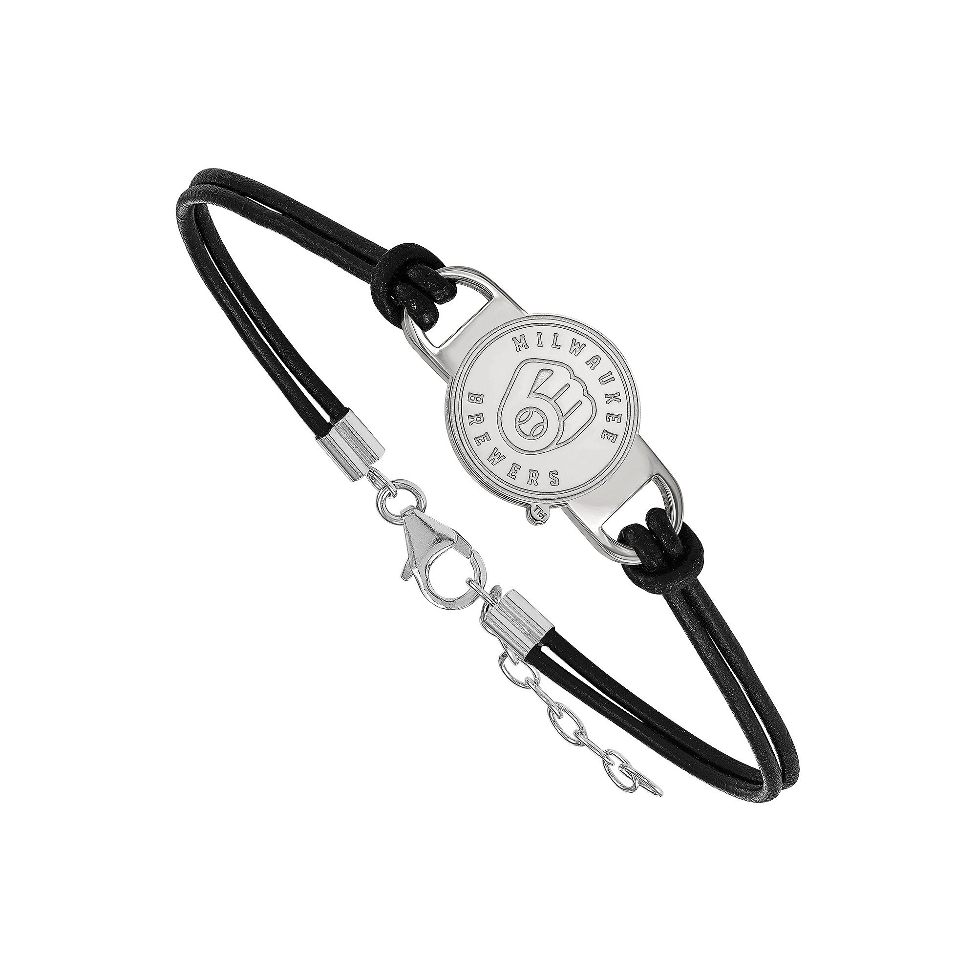 LogoArt Sterling Silver Milwaukee Brewers Logo Leather Bracelet, Womens, S