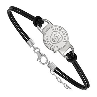 LogoArt Sterling Silver Milwaukee Brewers Logo Leather Bracelet