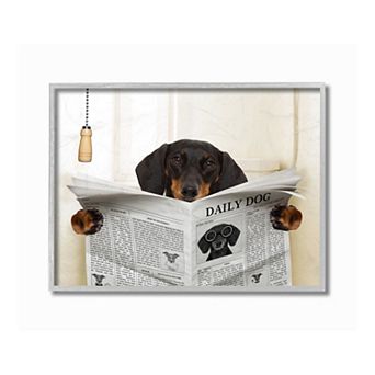 Stupell Home Decor Dog On Toilet Newspaper Gray Framed Wall Art
