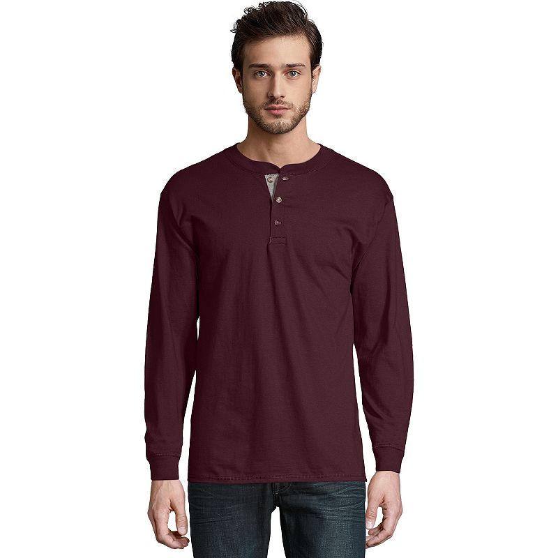 Men's Hanes® Beefy Heavyweight Henley, Size: Medium, Mulled Pink