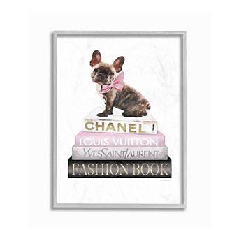 Stupell Home Decor Pink Bow Dog Bookstack Framed Wall Art