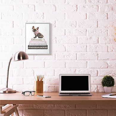 Stupell Home Decor Pink Bow Dog Bookstack Framed Wall Art