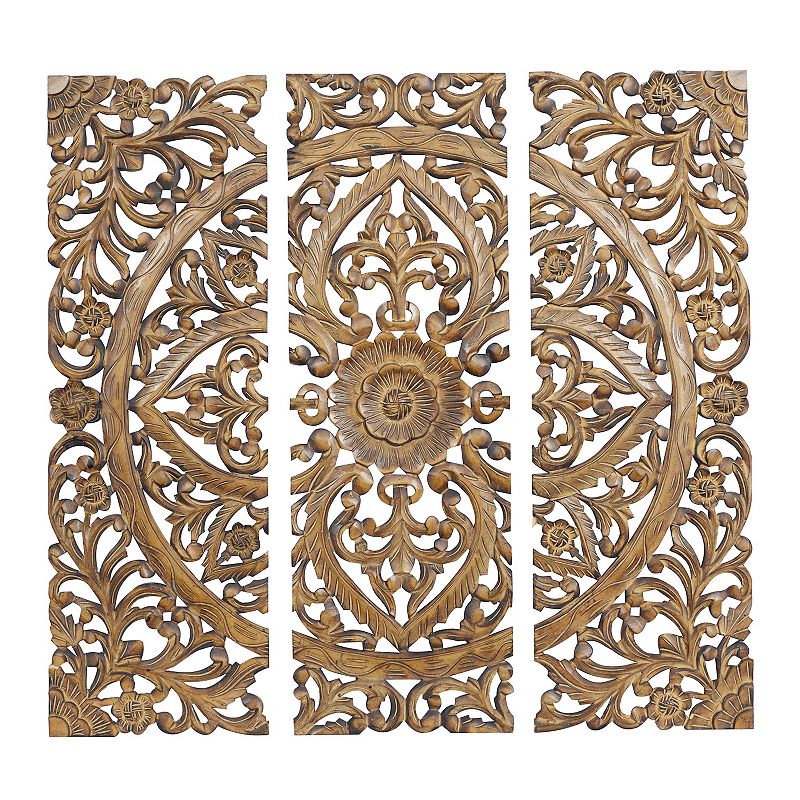 DecMode Traditional Wood Handmade Brown Carved Floral with Mandala Design Wall Décor  Set of 3 12 W x 36 H