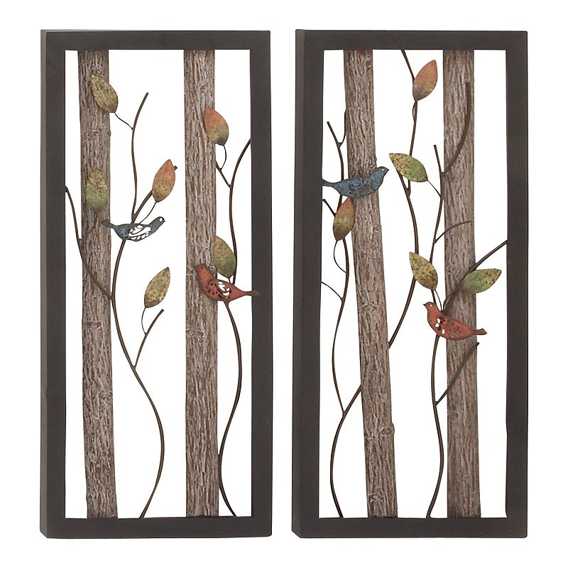 DecMode Black Metal Bird Wall Decor with Real Wood Detailing (2 Count)