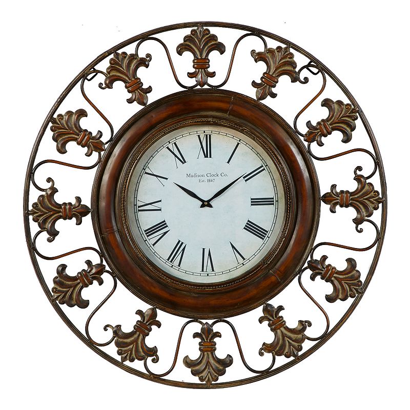 DecMode 38  Brown Metal Fleur De Lis Wall Clock