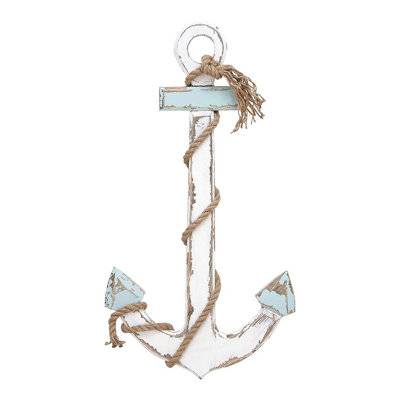 DecMode White Wood Anchor Wall Decor with Twisted Rope