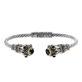 Two Tone Sterling Silver Mint Quartz & Amethyst Hinged Bangle Bracelet