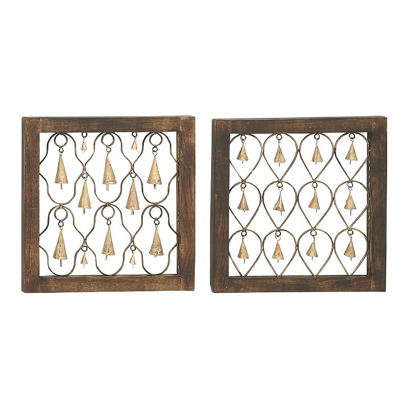 DecMode Wood Farmhouse Hanging Brown Decorative Bells in a Square Frame with Tanished Brass Finish  Set of 2 16 W x 16 H