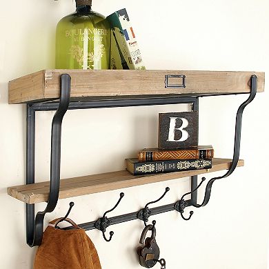Stella & Eve Farmhouse Two-Tier 4-Hook Wall Shelf