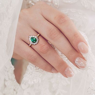Stella Grace 10k Gold Lab-Created Emerald & Lab-Created White Topaz Teardrop Halo Ring