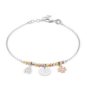 Tri Tone Sterling Silver Cubic Zirconia Clover & Ladybug Charm Bracelet