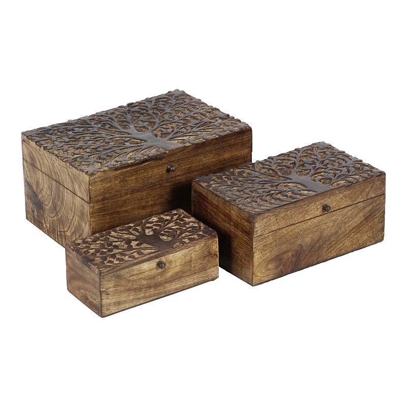 Stella & Eve Rustic Tree Carved Decorative Box Table Decor 3-piece Set, Bro