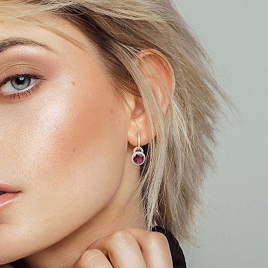 Stella Grace 18k Gold Over Silver Garnet & White Topaz Halo Drop Earrings