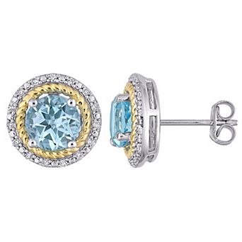 Stella Grace Blue Topaz & 1/6 Carat T.W. Diamond Halo Stud Earrings