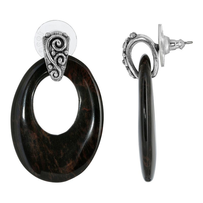 1928 Pewter Stone Oval Doorknocker Drop Earrings, Womens, Brown