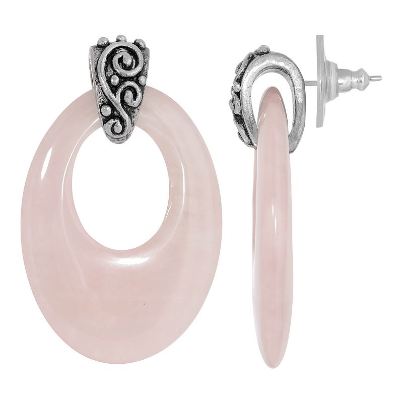 1928 Pewter Stone Oval Doorknocker Drop Earrings, Womens, Pink