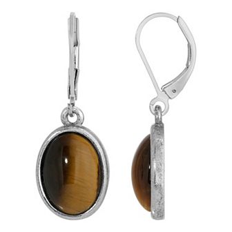 1928 Silver Tone Stone Oval Drop Earrings