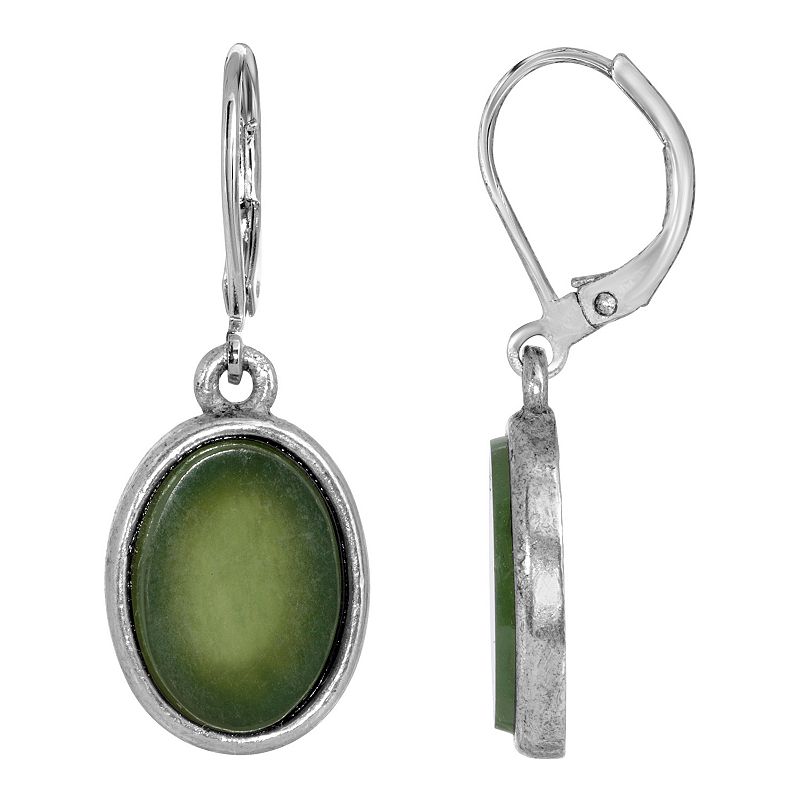1928 Silver Tone Stone Oval Drop Earrings, Womens, Green