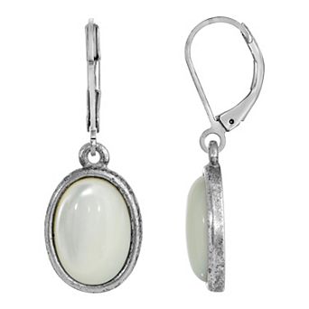 1928 Silver Tone Stone Oval Drop Earrings