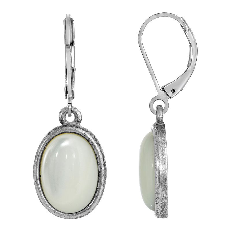 1928 Silver Tone Stone Oval Drop Earrings, Womens, White