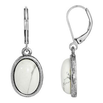 1928 Silver Tone Stone Oval Drop Earrings