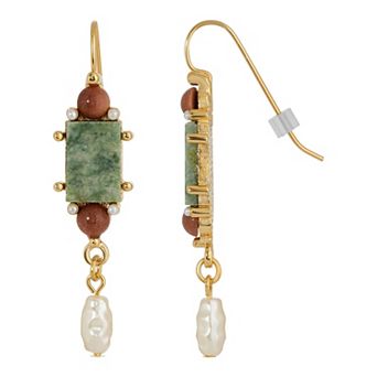 1928 Gold Tone Stone & Simulated Pearl Linear Drop Earrings