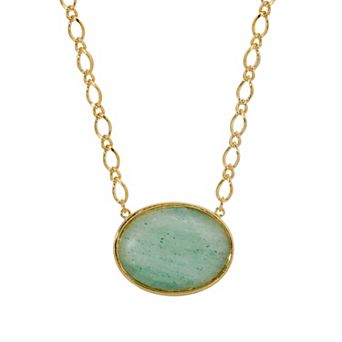 1928 Gold Tone Oval Stone Pendant Necklace