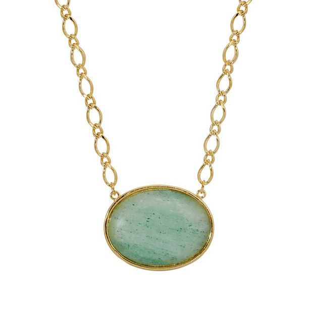 1928 Gold Tone Oval Stone Pendant Necklace