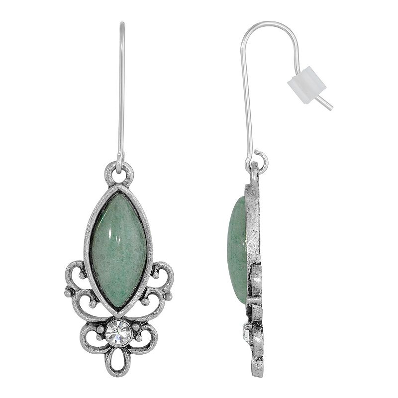1928 Silver Tone Stone Filigree Drop Earrings, Womens, Green
