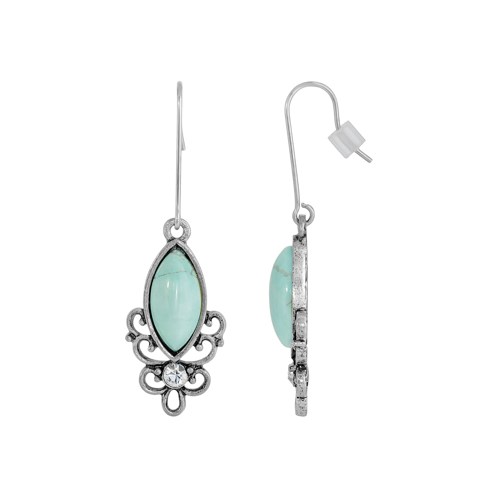 1928 Silver Tone Stone Filigree Drop Earrings, Womens, Blue