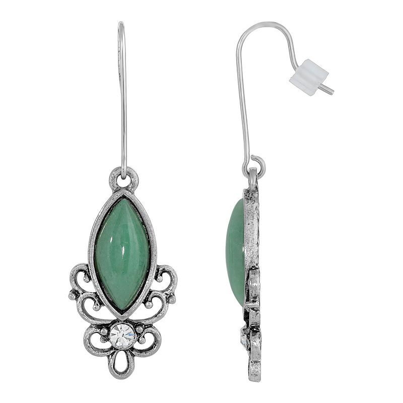 1928 Silver Tone Stone Filigree Drop Earrings, Womens, Green