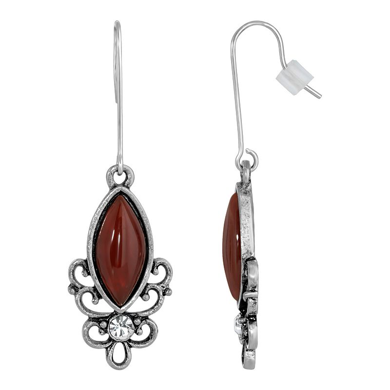 1928 Silver Tone Stone Filigree Drop Earrings, Womens, Red