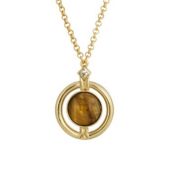 1928 Gold Tone Round Stone Pendant Necklace