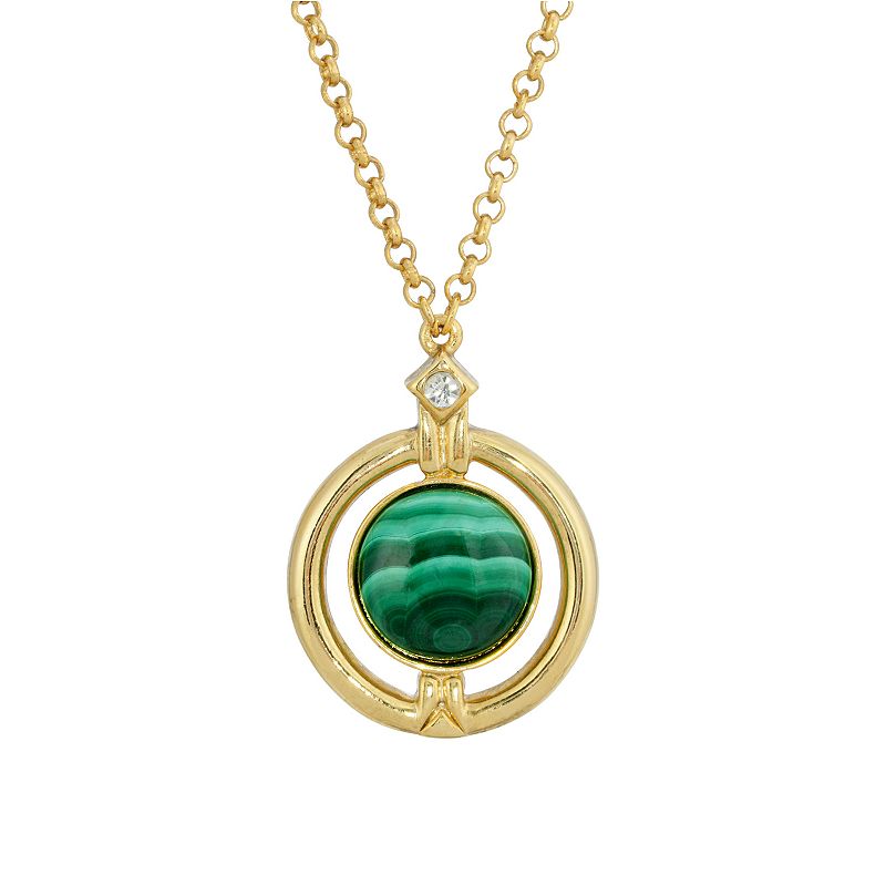 1928 Gold Tone Round Stone Pendant Necklace, Womens, Size: 20, Green