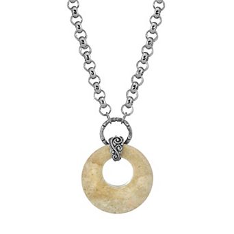 1928 Silver Tone Round Stone Pendant Necklace