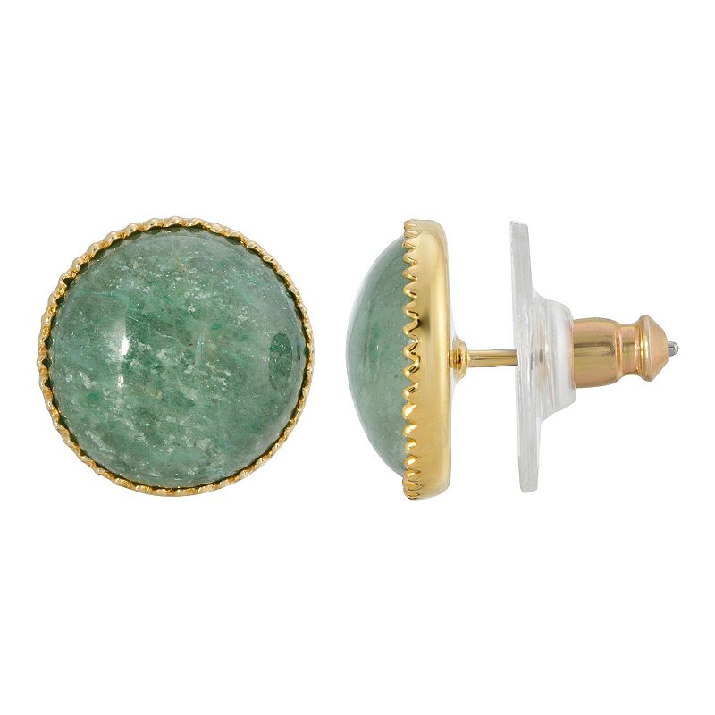 1928 Gold Tone Round Stone Button Earrings, Womens, Green