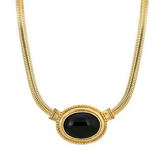 1928 Gold Tone Oval Stone Pendant Necklace
