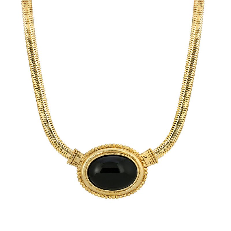 1928 Gold Tone Oval Stone Pendant Necklace, Womens, Size: 16, Black