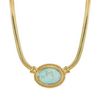 1928 Gold Tone Oval Stone Pendant Necklace