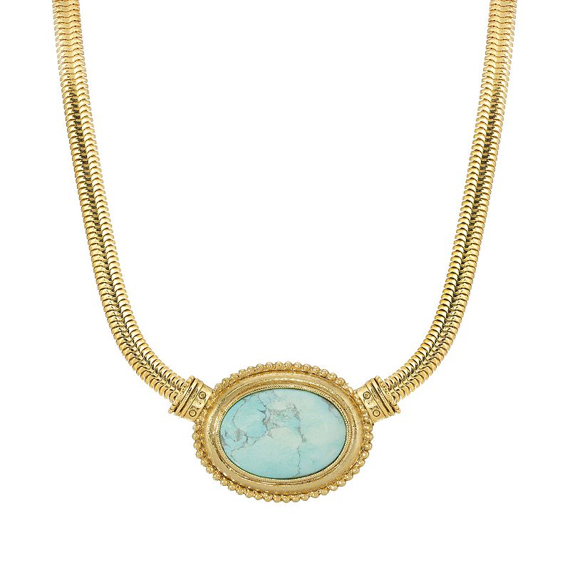 1928 Gold Tone Oval Stone Pendant Necklace, Womens, Size: 16, Blue
