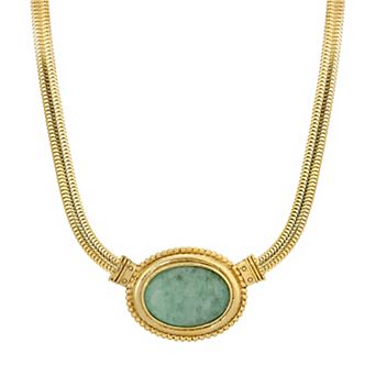 1928 Gold Tone Oval Stone Pendant Necklace