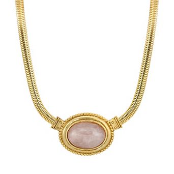 1928 Gold Tone Oval Stone Pendant Necklace