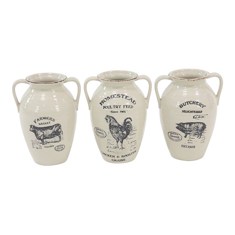 Stella & Eve Farmhouse Ceramic Amphora Vases With Barn Animal Prints 3-pc. 