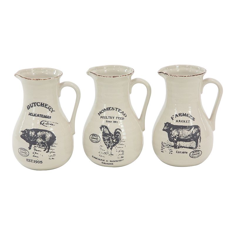 Stella & Eve Farmhouse Ceramic Pitcher Vases With Barn Animal Prints 3-pc. 