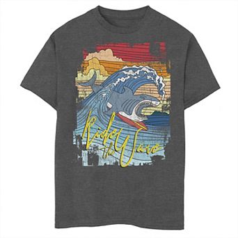 Boys 6-20 Shark Surfin Ride The Wave Beach Surf Graphic Tee
